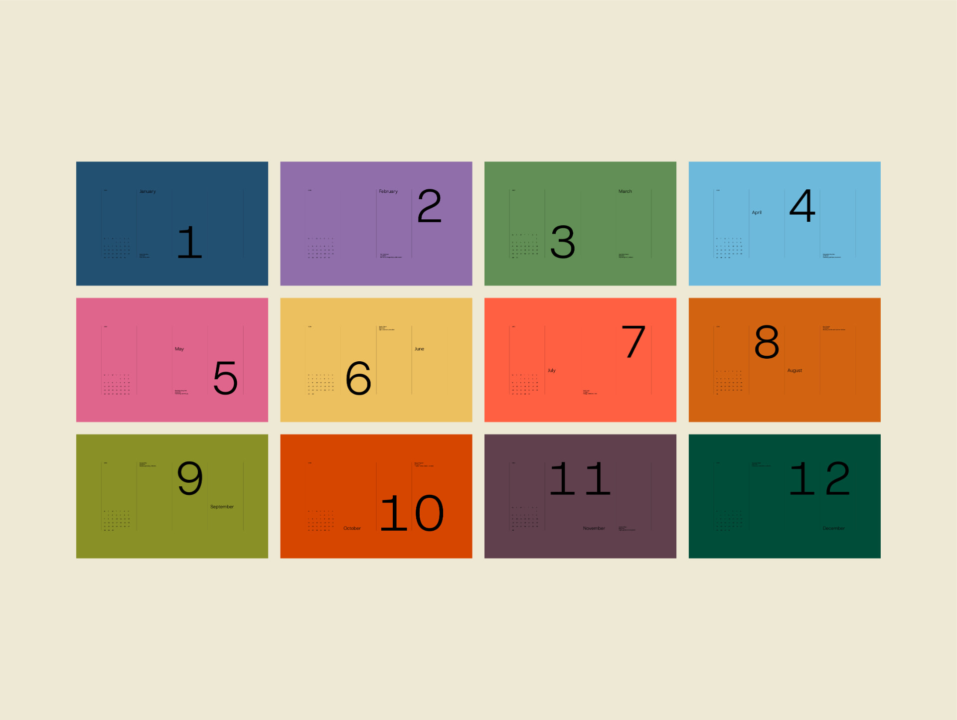 All twelve monthly colourways for 2026 in flat solid fill, shown as a grid