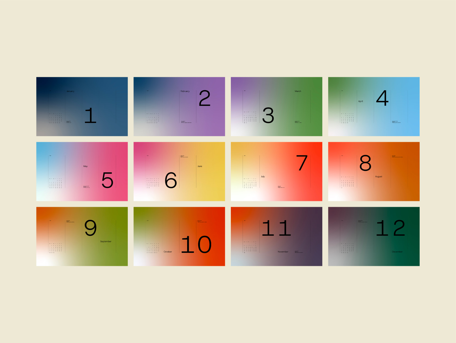 All twelve monthly colourways for 2026 shown as a grid